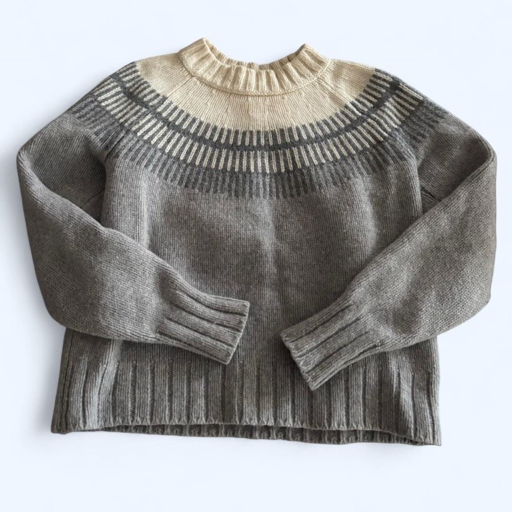 Everlane Cream & Gray Nordic Yoke Wool Crewneck Sweater